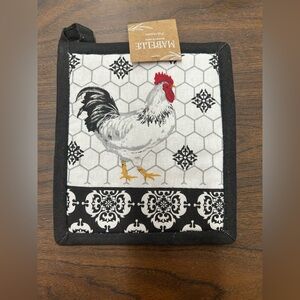New Mabelle Rooster Print Potholder - Black, White & Red -8in x 7in